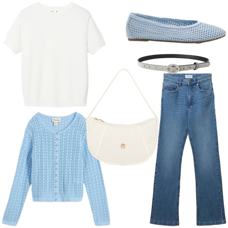 Outfit donna - White tee & jeans. Stile Casual chic per Tutti i giorni. Abbinamento con cardigans, ballerine, jeans bootcut, cinture, t-shirt, borse a mano.