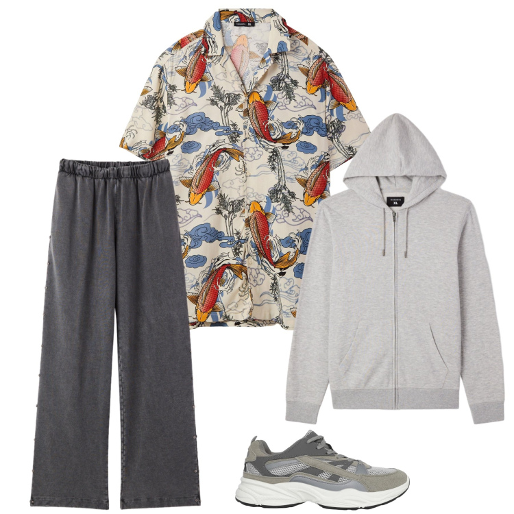 Outfit uomo - Fusion Creativa e Comfort Moderno. Stile Trendy per Tutti i giorni. Abbinamento con camicie a manica corta, sneakers, felpe con cappuccio, pantaloni sportivi.
