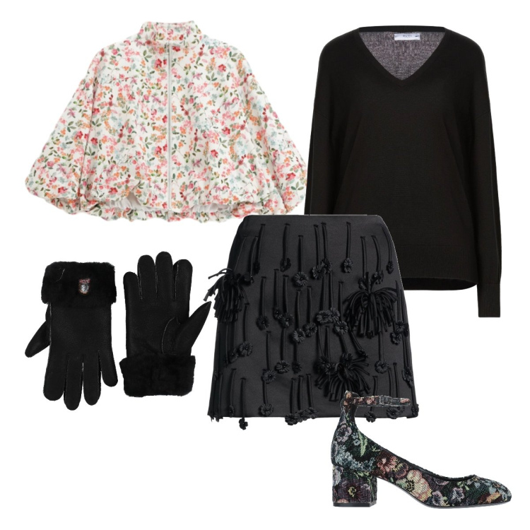 Outfit donna - Fantasie floreali per finire l’inverno. Stile Romantica per Serata fuori. Abbinamento con décolleté, guanti, pullovers, minigonne, bomber.