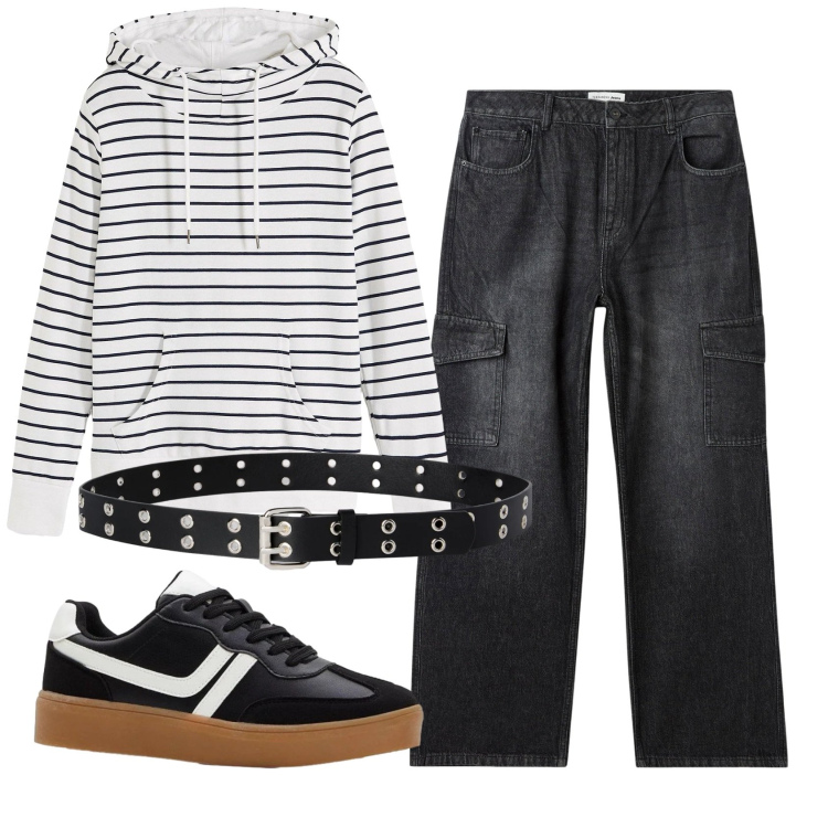 Outfit donna - Total look #2356965. Stile Casual per Tutti i giorni. Abbinamento con felpe con cappuccio, sneakers, jeans, cinture.