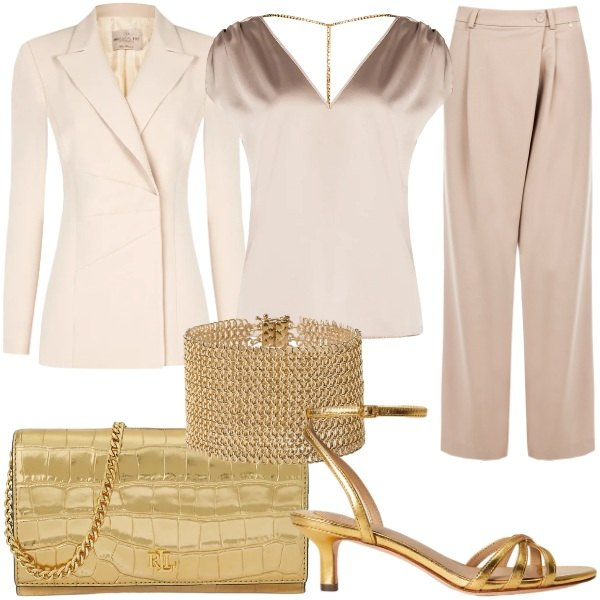 Outfit donna - Un nuovo capitolo Rinascimento. Stile Glamour per Tutti i giorni. Abbinamento con top, pantaloni a palazzo, blazer, borse a tracolla, sandali in pelle, braccialetti.