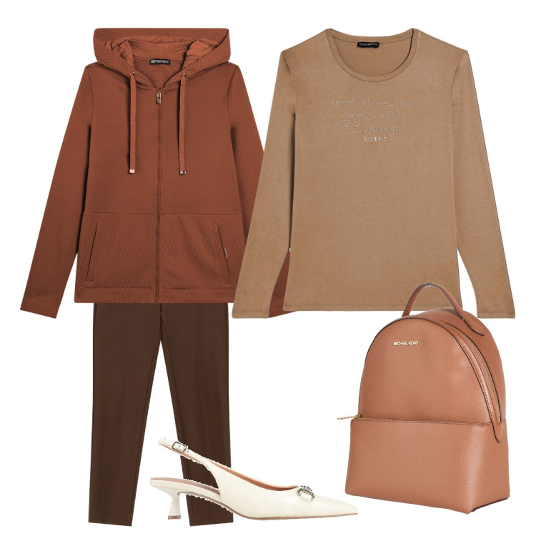 Outfit donna - All brown. Stile Sporty chic per Tutti i giorni. Abbinamento con zaini, décolleté, pantaloni, felpe con cappuccio, t-shirt.