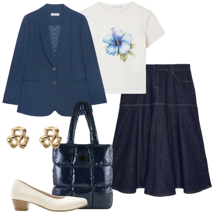 Outfit donna - La gonna di jeans. Stile Casual chic per Ufficio. Abbinamento con décolleté, t-shirt, gonne lunghe, blazer, orecchini, shopping bag.