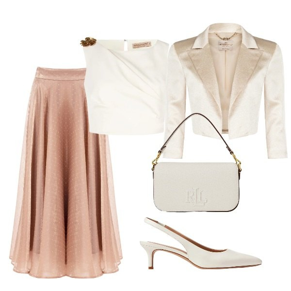 Outfit donna - serata in rosa. Stile Romantica per Serata fuori. Abbinamento con gonne longuette, bolero, top, décolleté, borse a spalla.