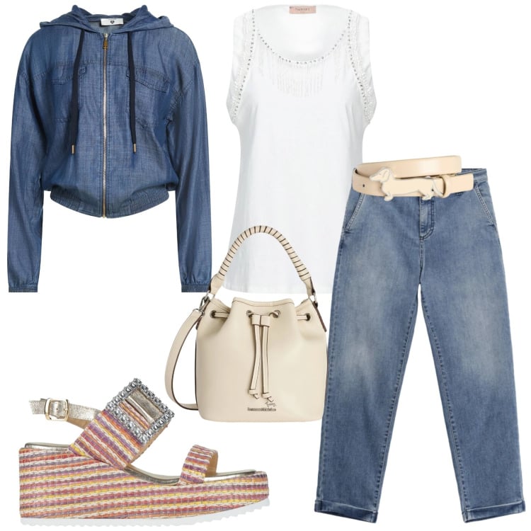 Outfit donna - Total look #2356983. Stile Casual chic per Tutti i giorni. Abbinamento con felpe con cappuccio, top, sandali in pelle, borse a secchiello, cinture, jeans.