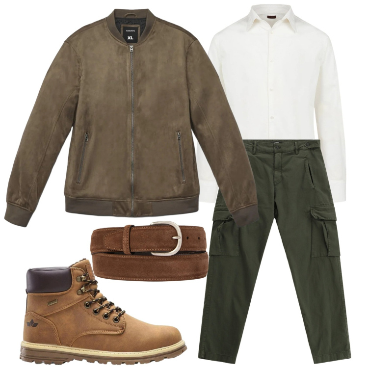 Outfit uomo - Total look #2356987. Stile Casual per Tutti i giorni. Abbinamento con stivali e stivaletti, giacche, pantaloni cargo, cinture, camicie.