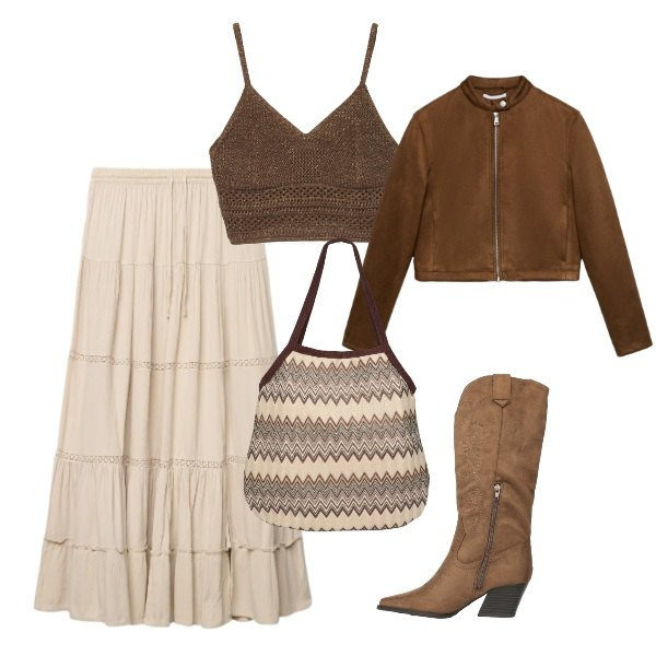Outfit donna - Come nel West. Stile Boho per Tutti i giorni. Abbinamento con gonne lunghe, giacche, top, stivali, borse tote.