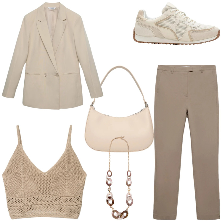 Outfit donna - Colori neutri il primavera. Stile Casual chic per Tutti i giorni. Abbinamento con sneakers alte, pantaloni skinny, blazer, top, borse a tracolla, collane.
