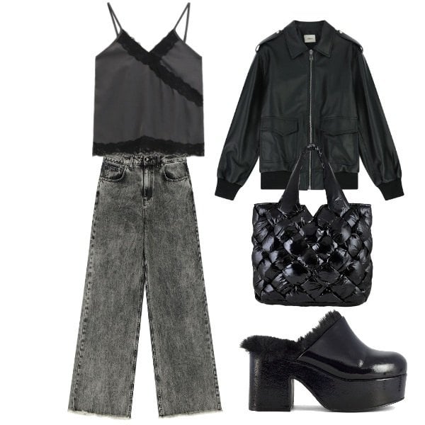 Outfit donna - black denim. Stile Urban per Tutti i giorni. Abbinamento con jeans, top, blazer, borse tote, sabot.