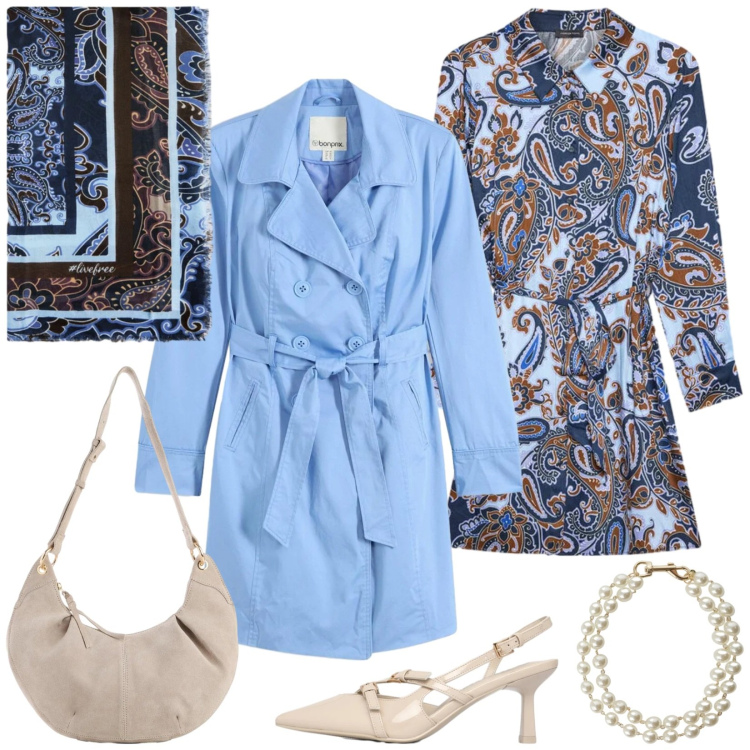 Outfit donna - Abito ideale per la primavera. Stile Casual chic per Tutti i giorni. Abbinamento con trench, borse a tracolla, décolleté, vestiti chemisier, foulard, braccialetti.