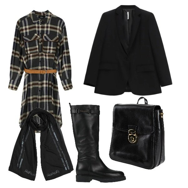 Outfit donna - curvy tartan. Stile Trendy per Tutti i giorni. Abbinamento con zaini, stivali, sciarpe, blazer, vestiti midi/longuette.