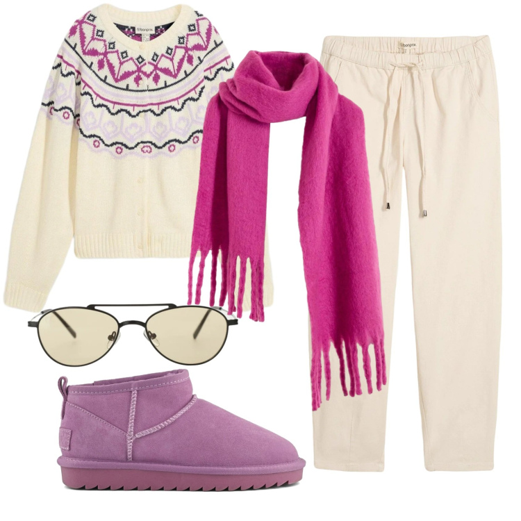 Outfit donna - Total look #2357005. Stile Casual per Tutti i giorni. Abbinamento con jeans, cardigans, sciarpe, occhiali da sole, stivali.