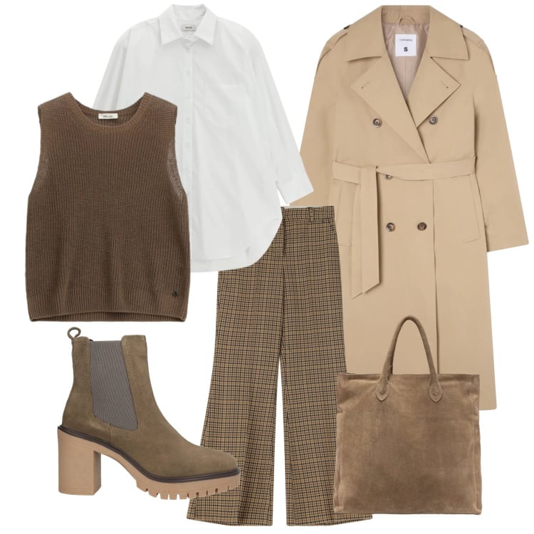 Outfit donna - Non solo per i giorni di pioggia. Stile Trendy per Ufficio. Abbinamento con stivaletti chelsea, trench, pantaloni, maglieria, camicie, borse a mano.