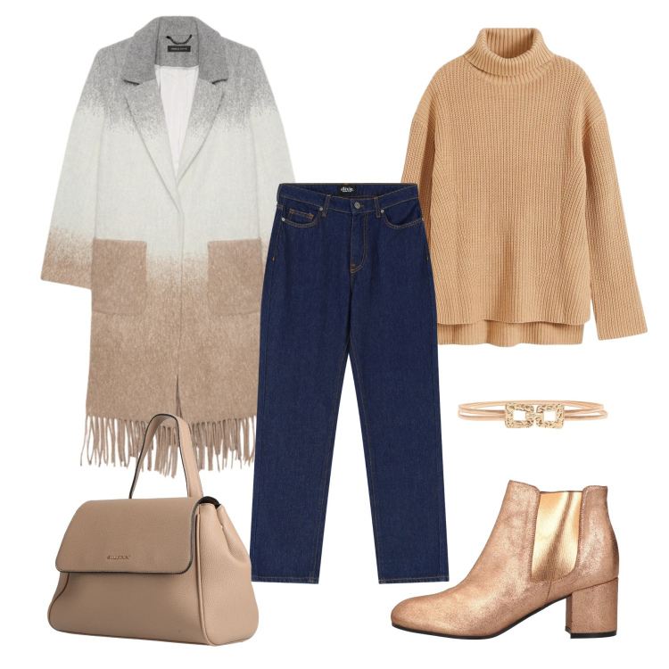 Outfit donna - Denim e miele. Stile Casual chic per Tutti i giorni. Abbinamento con stivaletti chelsea, zaini, maglieria, cappotti, jeans dritti, cinture.