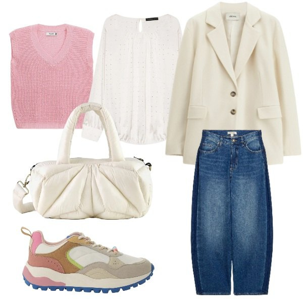 Outfit donna - jeans e rosa. Stile Preppy per Tutti i giorni. Abbinamento con jeans, bluse, sneakers, blazer, top, borse a mano.