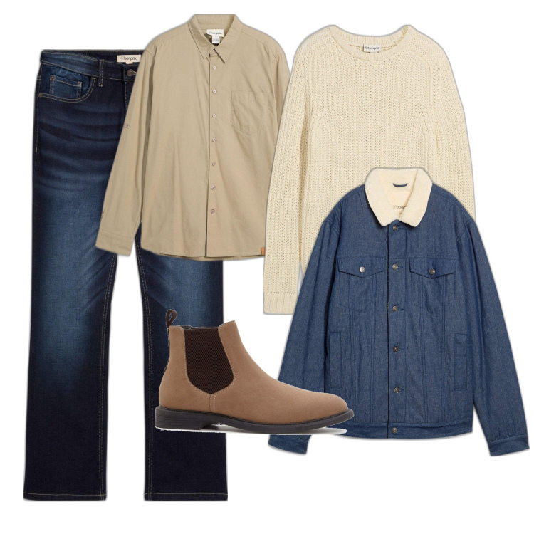 Outfit homme - Chemise pull et veste. Style Casual pour Tous les jours. Assortir avec pulls, vestes, jean bootcut, chemisiers, bottes et bottines.