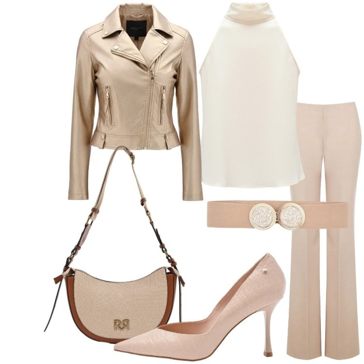 Outfit donna - Rinascimento - Toni neutri. Stile Minimal per Serata fuori. Abbinamento con giacche, pantaloni a palazzo, top, décolleté, cinture, borse a tracolla.