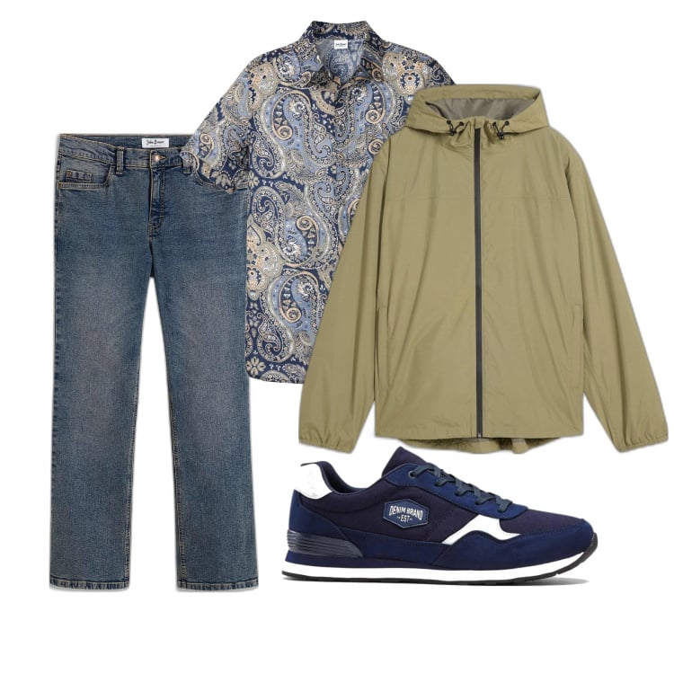 Outfit homme - Claude. Style Casual pour Bureau. Assortir avec sneakers, chemises à manches courtes, jean bootcut, imperméable.