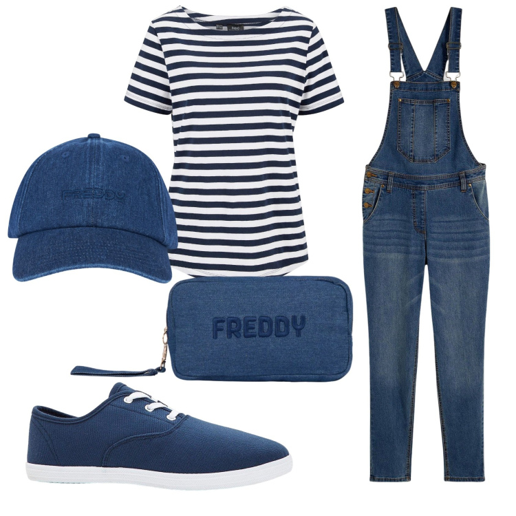 Outfit donna - Total look #2357027. Stile Casual per Tutti i giorni. Abbinamento con salopette, sneakers, t-shirt, cappelli con visiera, pochette.