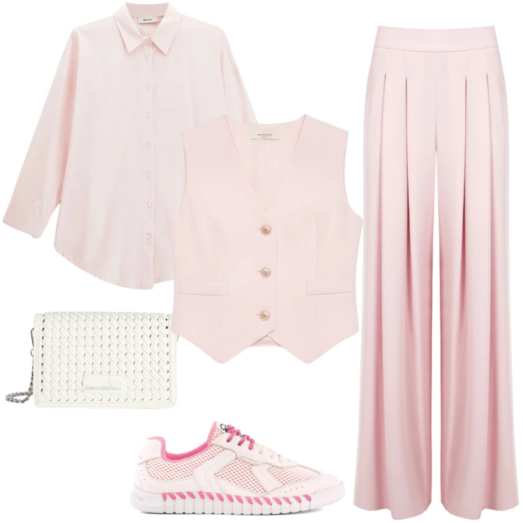 Outfit donna - Neutro romantico per eccellenza. Stile Romantica per Tutti i giorni. Abbinamento con borse a tracolla, camicie, pantaloni a palazzo, gilet, sneakers.