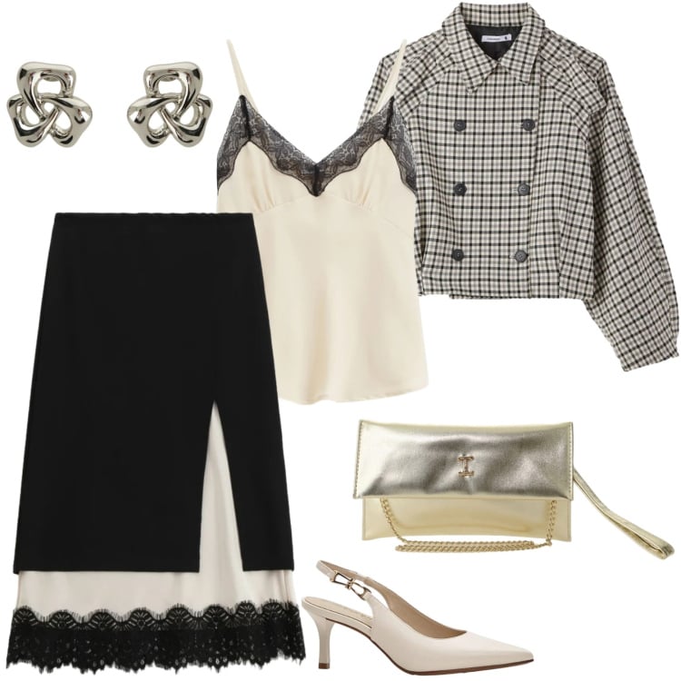 Outfit donna - Dettagli chiavi. Stile Chic per Tutti i giorni. Abbinamento con décolleté, borse a tracolla, caban, gonne longuette, top, orecchini.