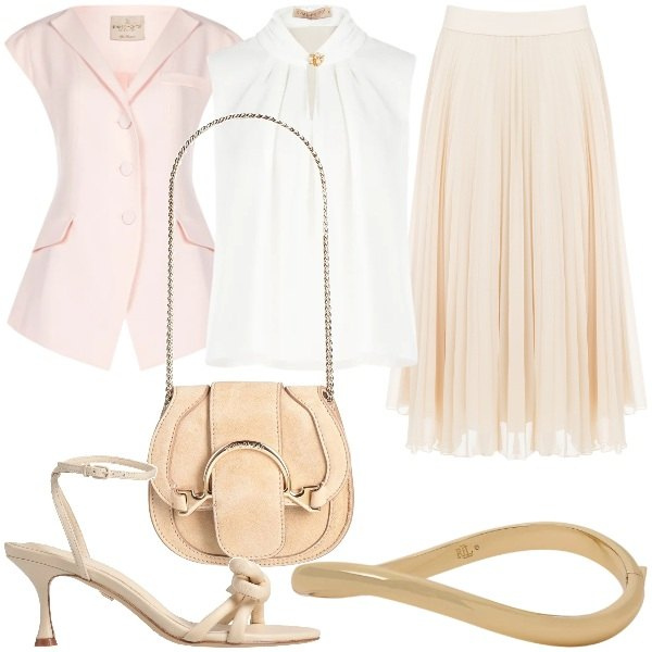 Outfit donna - Rinascimento Un nuovo capitolo. Stile Glamour per Ufficio. Abbinamento con marsupi, sandali in pelle, gonne longuette, top, gilet, braccialetti.