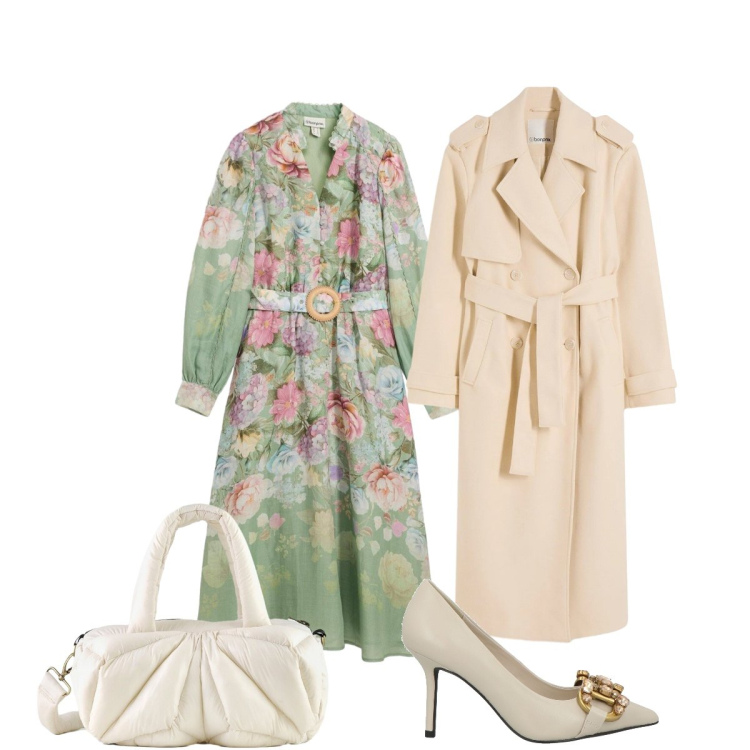 Outfit donna - Cerimonia di Marzo. Stile Romantica per Cerimonia. Abbinamento con décolleté, trench, vestiti midi/longuette, borse a mano.