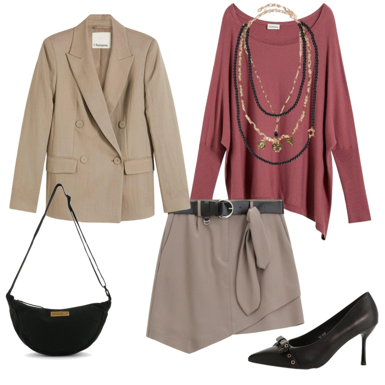 Outfit donna - Total look #2357066. Stile Casual chic per Ufficio. Abbinamento con maglieria, blazer, minigonne, décolleté, collane, borse a tracolla.
