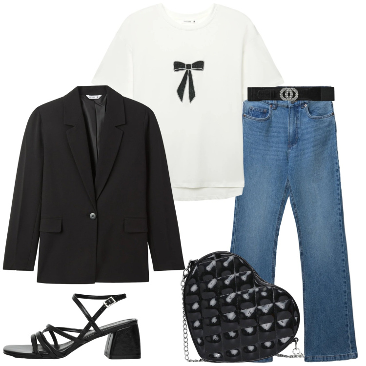 Outfit donna - Terranova. Stile Casual chic per Tutti i giorni. Abbinamento con cinture, sandali col tacco, blazer, jeans bootcut, t-shirt, borse a tracolla.