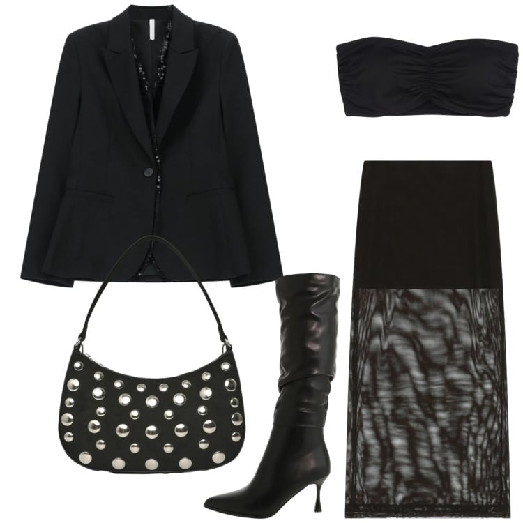 Outfit donna - Total look #2357068. Stile Glamour per Serata fuori. Abbinamento con borse a tracolla, stivali sopra il ginocchio, gonne lunghe, blazer, top.