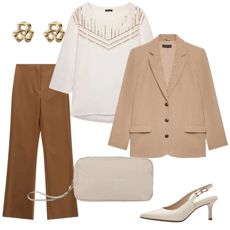 Outfit donna - Total look #2357071. Stile Casual chic per Ufficio. Abbinamento con décolleté, pantaloni, t-shirt, blazer, orecchini, valigie.