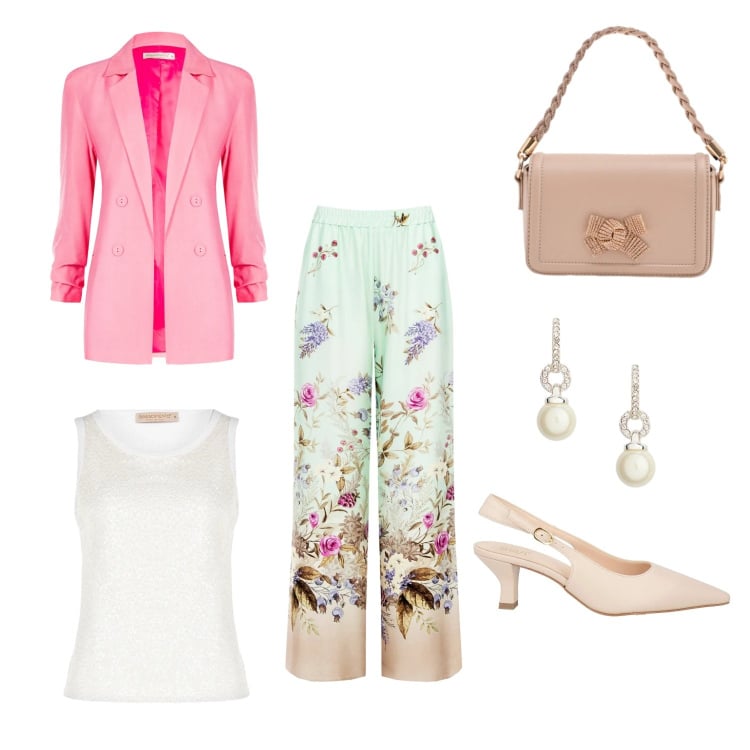 Outfit donna - Rinasco da Me. Stile Romantica per Cerimonia. Abbinamento con décolleté, pantaloni a palazzo, blazer, pochette, canottiere, orecchini.
