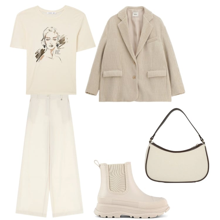 Outfit donna - White ice. Stile Sporty chic per Tutti i giorni. Abbinamento con borse a tracolla, t-shirt, pantaloni a palazzo, blazer, stivali.