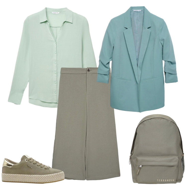 Outfit donna - Total look #2357078. Stile Casual chic per Ufficio. Abbinamento con sneakers, pantaloni a palazzo, zaini, blazer, camicie.