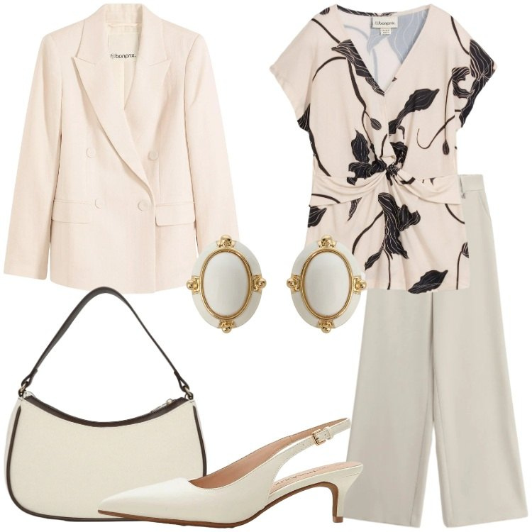 Outfit donna - Primavera che valorizza Donna Curvy. Stile Bon Ton per Serata fuori. Abbinamento con bluse, blazer, décolleté, borse a tracolla, pantaloni a palazzo, orecchini.