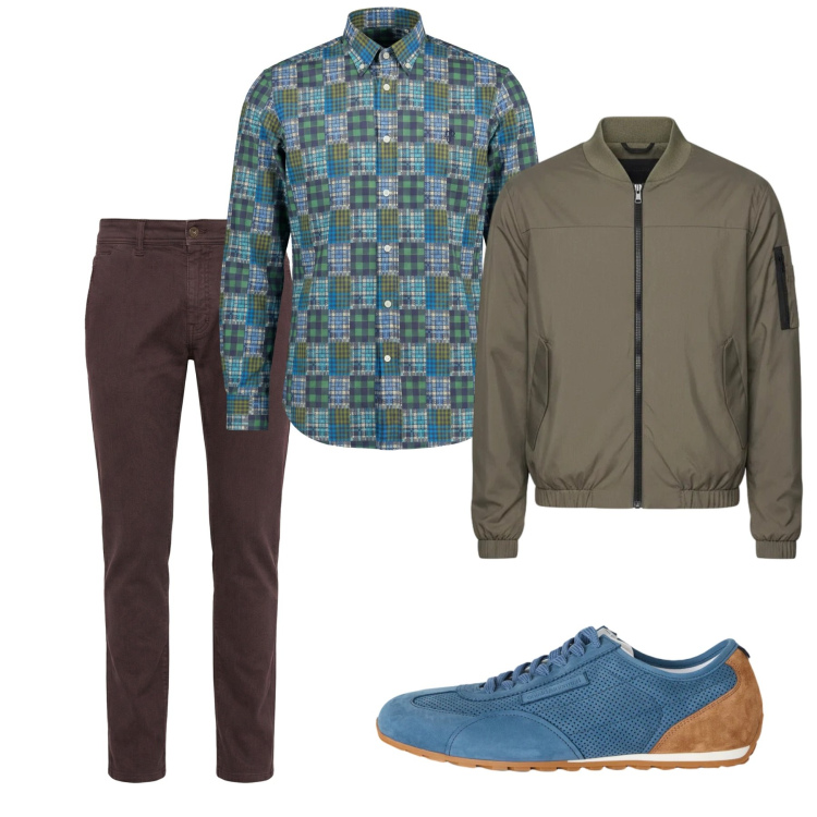 Outfit uomo - Marzo. Stile Casual per Tutti i giorni. Abbinamento con camicie, sneakers, pantaloni, bomber.