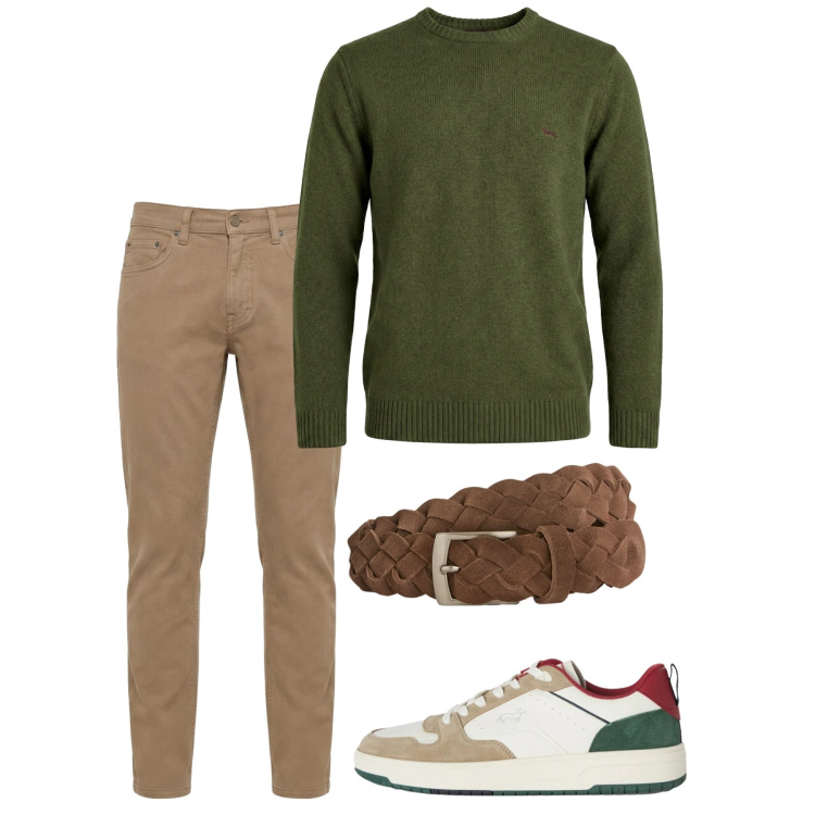 Outfit uomo - Primavera. Stile Casual per Tutti i giorni. Abbinamento con sneakers, pantaloni, cinture, pullovers.