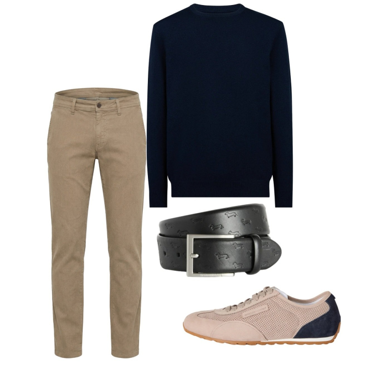 Outfit uomo - Primaria. Stile Casual per Tutti i giorni. Abbinamento con pantaloni, sneakers, cinture, maglieria.