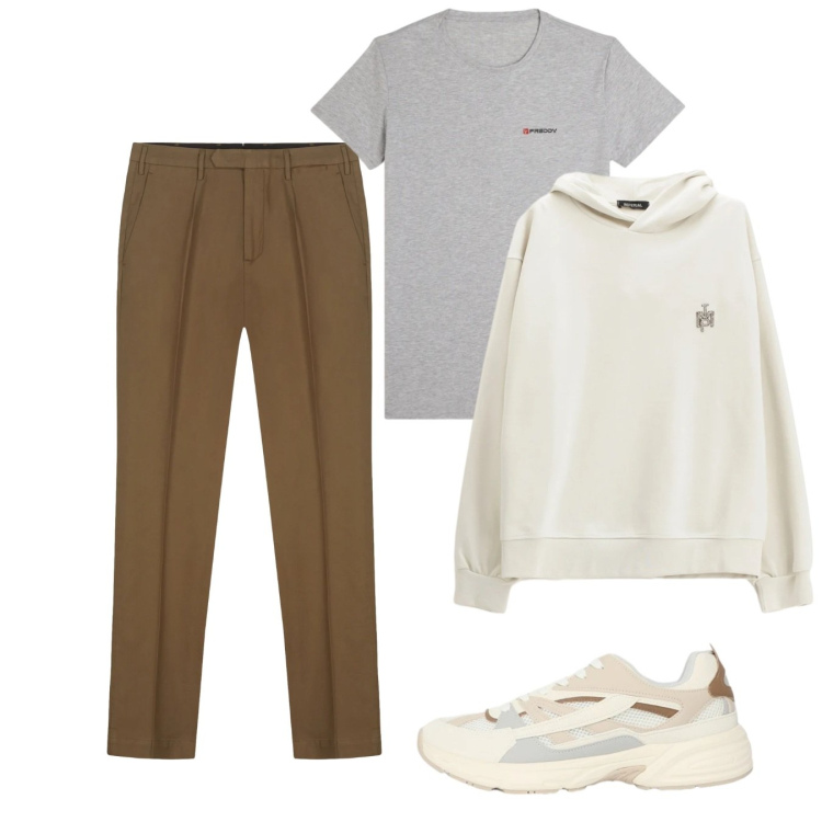 Outfit uomo - Casual. Stile Casual per Tutti i giorni. Abbinamento con felpe con cappuccio, sneakers, t-shirt sportive, pantaloni.