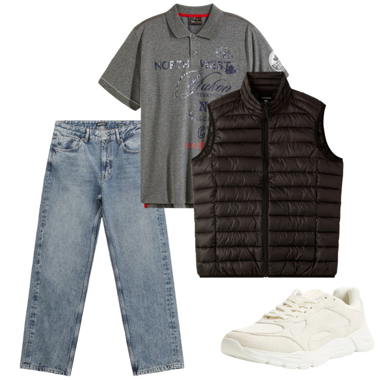 Outfit uomo - Primavera. Stile Casual per Tutti i giorni. Abbinamento con polo, sneakers, piumini, jeans dritti.