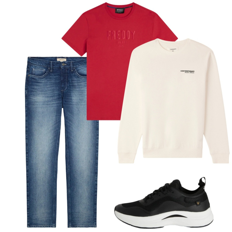 Outfit uomo - Primavera. Stile Casual per Tutti i giorni. Abbinamento con jeans dritti, felpe, sneakers, t-shirt.