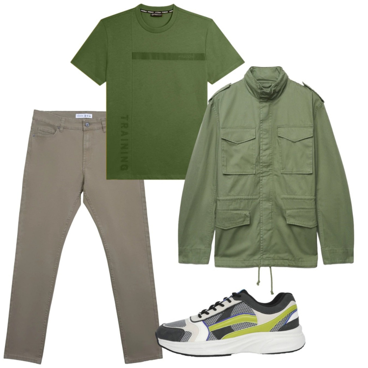 Outfit uomo - Verde. Stile Casual per Tutti i giorni. Abbinamento con pantaloni skinny, sneakers, cappotti, t-shirt.