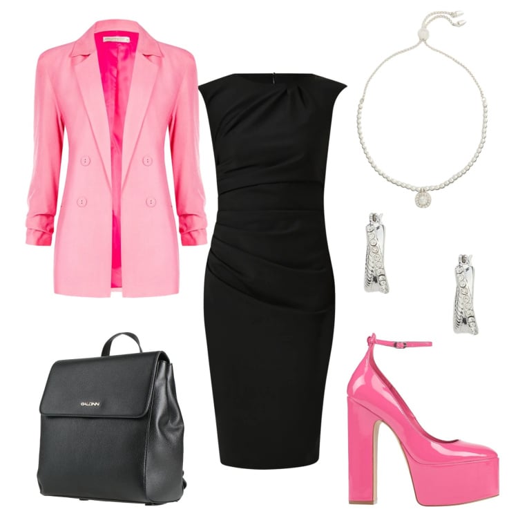 Outfit donna - Pink Revolution. Stile Glamour per Serata fuori. Abbinamento con zaini, décolleté, blazer, vestiti a tubino, orecchini, braccialetti.