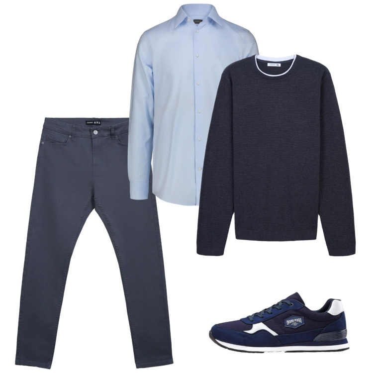 Outfit uomo - Primavera. Stile Casual per Tutti i giorni. Abbinamento con sneakers, pantaloni skinny, maglieria, camicie.