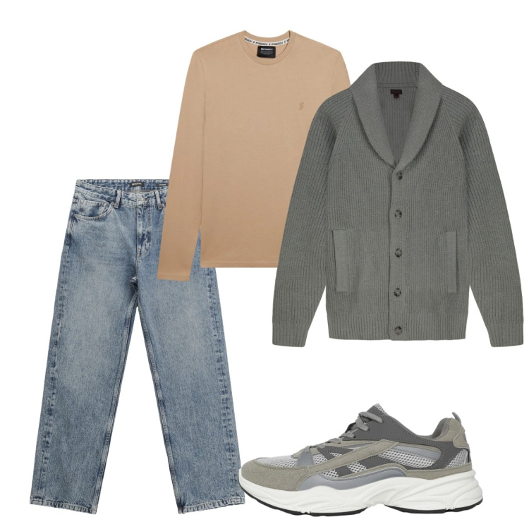 Outfit uomo - Primavera. Stile Casual per Tutti i giorni. Abbinamento con jeans dritti, sneakers, t-shirt, cardigans.