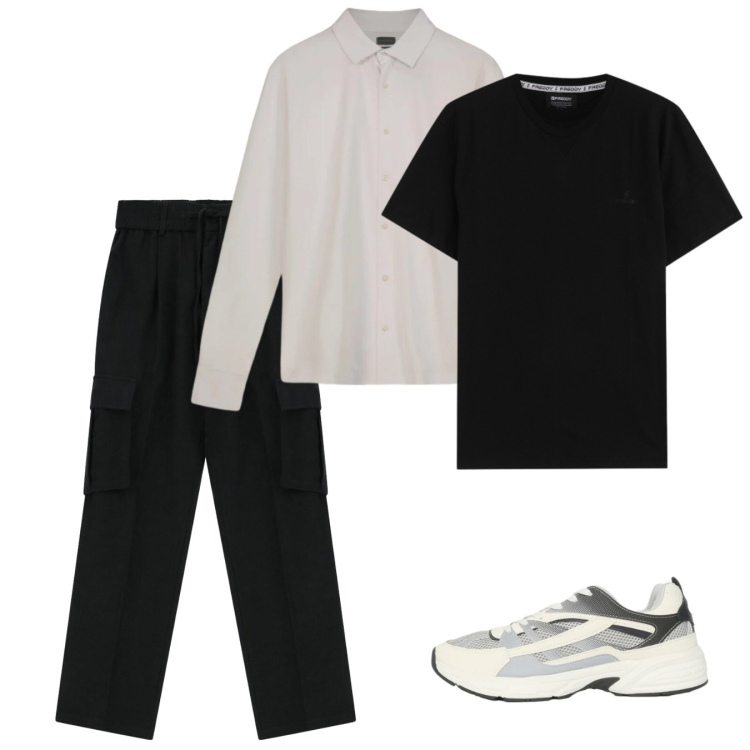 Outfit uomo - Primavera. Stile Casual per Tutti i giorni. Abbinamento con sneakers, pantaloni cargo, t-shirt, polo.