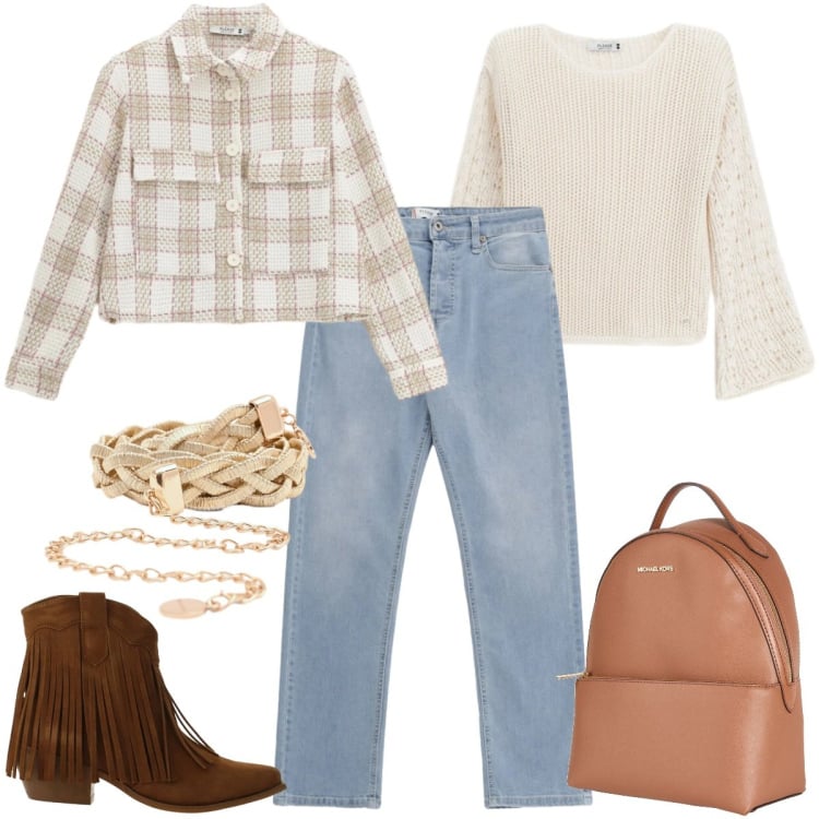 Outfit donna - Total look #2357154. Stile Urban per Tutti i giorni. Abbinamento con zaini, stivaletti texani, maglieria, cappotti, jeans, cinture.