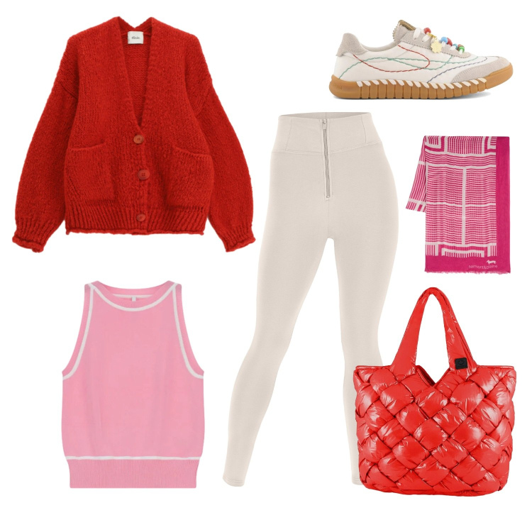 Outfit donna - Rosa Rossa. Stile Sporty chic per Scuola/Università. Abbinamento con sciarpe, top, cardigans, pantaloni skinny, borse tote, sneakers.
