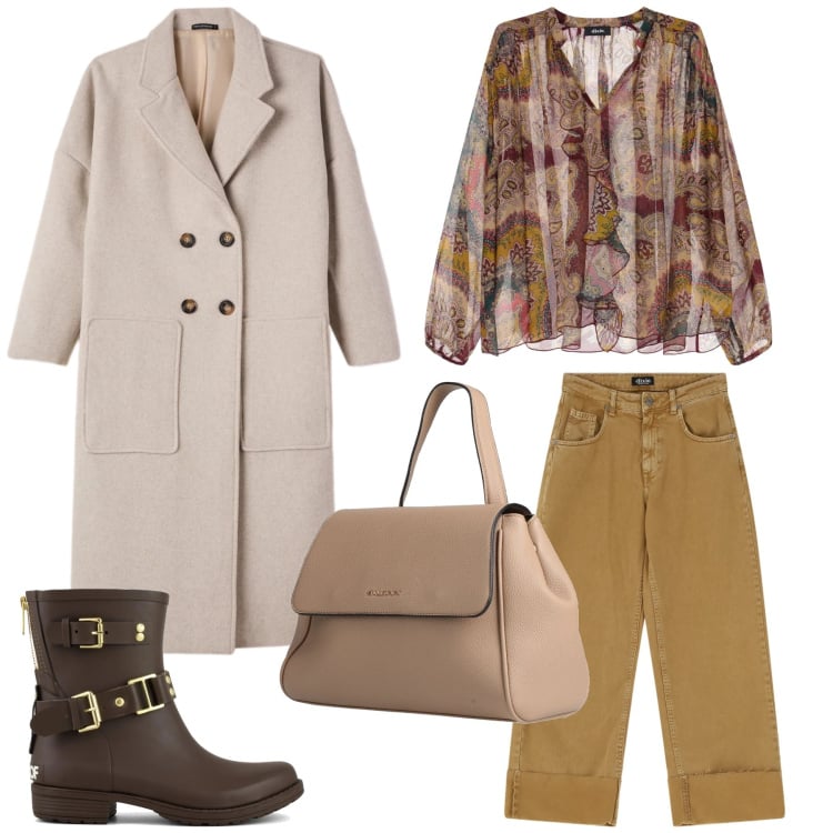 Outfit donna - Urban Boho-Chic in Sfumature Terrose. Stile Boho per Tutti i giorni. Abbinamento con zaini, cappotti, camicie, pantaloni a palazzo, stivali.