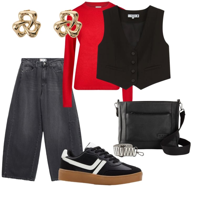 Outfit donna - Rosso e nero. per Tutti i giorni. Abbinamento con borse a tracolla, sneakers, orecchini, gilet, jeans, maglieria.